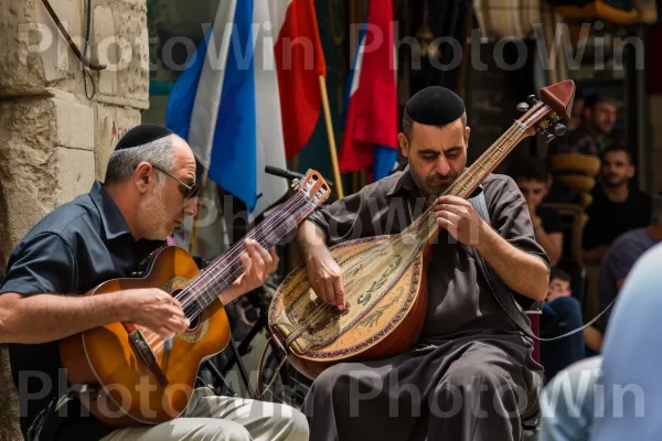 נגני רחוב ממלאים את העיר העתיקה בירושלים בלחנים מלודיים, עושר תרבותי ממדינת ישראל. אביזר גיטרה, כלי מיתר, פדורה