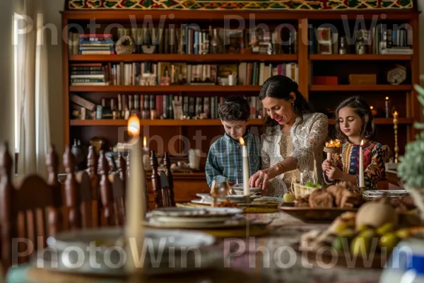 משפחה מדליקה נרות שבת, משמרת תרבות יהודית עתיקה ממדינת ישראל. כּוֹנָנִית, כלי שולחן, פרסום