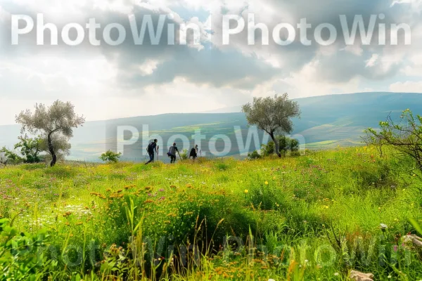 חברים מטיילים בנופים השופעים של אזור הגליל, ממדינת ישראל. שָׁמַיִם, אנשים בטבע, עֵץ