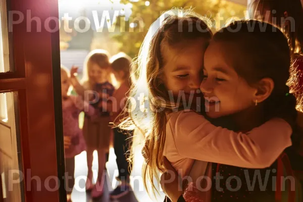 שתי חברות טובות בנות 7 מתחבקות חזק במהלך פרידה בבית הספר. חיוך, צמח, מחווה