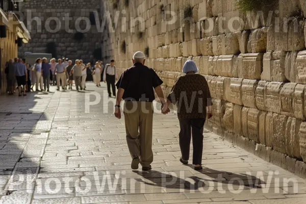 זוגות מבוגרים מטיילים יד ביד ברחובות ירושלים העתיקים, ממדינת ישראל. שְׁעוֹת הַיוֹם, תַשׁתִית, בז\'