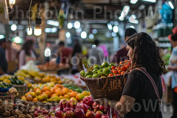 נשים נושאות סלסלות מלאות בפירות וירקות תוססים בשוק המקומי, ממדינת ישראל. צמח, פרי, מזון מלא