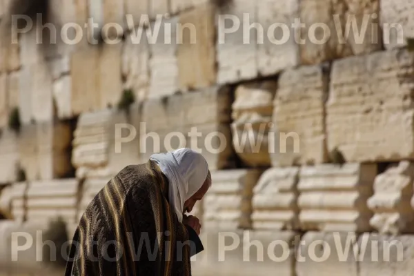 קשיש מוצא נחמה בתפילה בכותל קורא ברכות עתיקות ממדינת ישראל. נוֹף, היסטוריה עתיקה, הִיסטוֹרִיָה