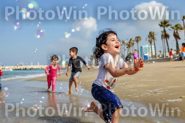 ילדים רודפים אחרי בועות בחוף תל אביבי ספוג שמש ממדינת ישראל. חיוך, אנשים על החוף, אנשים בטבע