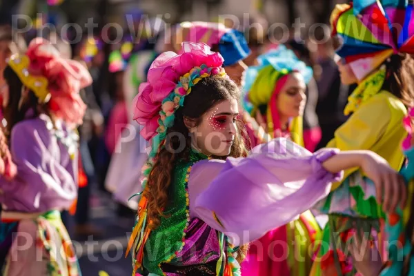 מצעד רחוב תוסס במהלך פורים, תלבושות ומוזיקה ממלאים את האוויר ממדינת ישראל. סָגוֹל, שַׂמֵחַ, אמנויות במה