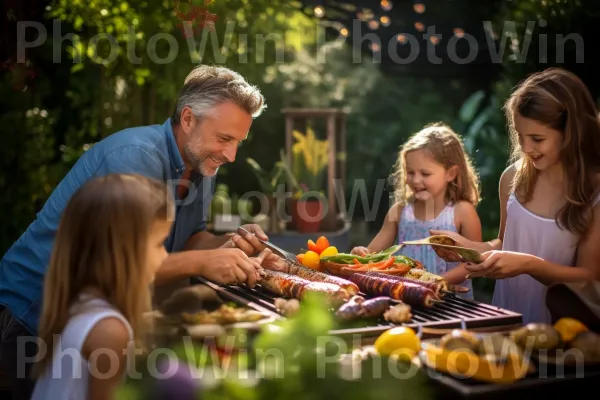 קשר משפחתי נרגש מעל מנגל בחצר האחורית, צולים אוכל טעים. מזון, צמח, כתום