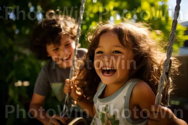 קשר בין אחים בזמן משחק בגן שעשועים בחצר האחורית. אנשים בטבע, צמח, מחווה