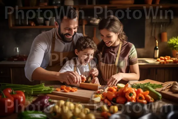 מפגש בישול משפחתי מלא באהבה ועבודת צוות. מזון, כלי שולחן, פרי