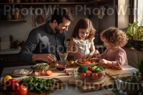 הורים וילדים מבשלים ואופים יחד בשמחה במטבח. כלי שולחן, מסגרת תמונה, שיתוף