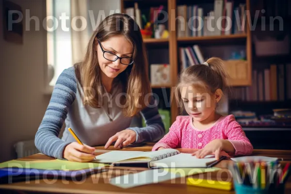 הורה עוזר לילד בשיעורי הבית שלו, מטפח למידה בבית. שולחן, כּוֹנָנִית, שׁוּלְחָן כְּתִיבָה