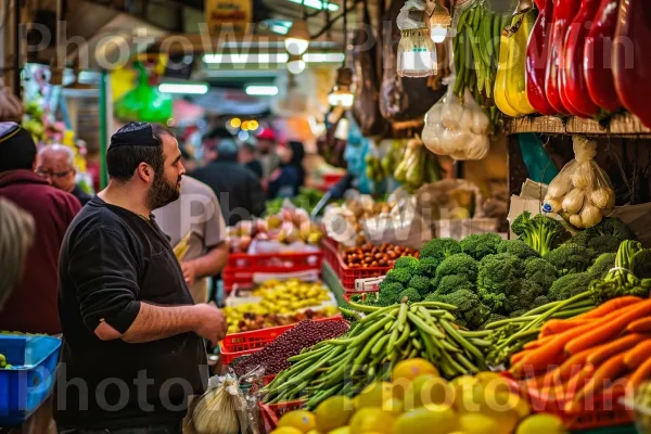 מקומיים מתפתלים בין הדוכנים התוססים של שוק מחנה יהודה ממדינת ישראל. מוכר, מזונות טבעיים, קמעונאות