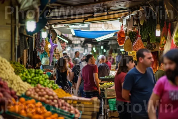 מקומיים מתפתלים בין הדוכנים התוססים של שוק מחנה יהודה ממדינת ישראל. תַצלוּם, מזון, קמעונאות