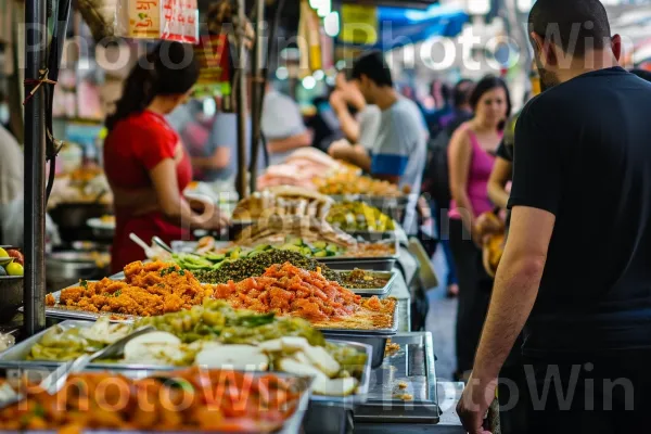 רחוב סואן מלא באפשרויות אוכל רחוב מעוררי תיאבון ממדינת ישראל. צמח, מוכר, מזון מלא