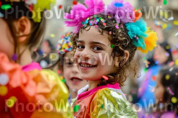 ילדים מחייכים לבושים בתחפושות צבעוניות במצעד פורים ממדינת ישראל. הבעת פנים, צמח, בן אנוש