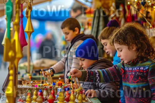 ילדים יהודים משחקים בסביבון בחגיגות חנוכה ממדינת ישראל. תְאוּרָה, כֵּיף, קהילה