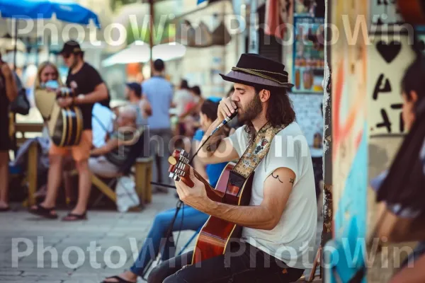 נגני רחוב מוכשרים מבדרים עוברי אורח ברובע הטרנדי של תל אביב ממדינת ישראל. אופנה, משקפיים, כֵּיף