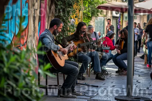 נגני רחוב מוכשרים מבדרים עוברי אורח ברובע הטרנדי של תל אביב ממדינת ישראל. גִ\'ינס, גִיטָרָה, מוּסִיקָאִי