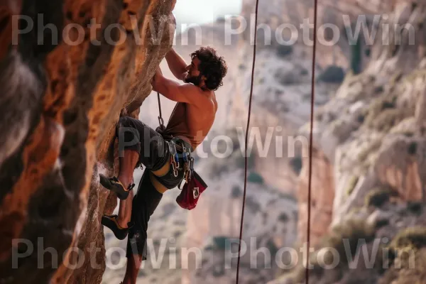 גבר בן 25 מתמודד בביטחון במסלול טיפוס צוקים מאתגר. טיפוס, נעל טיפוס, פְּנַאִי