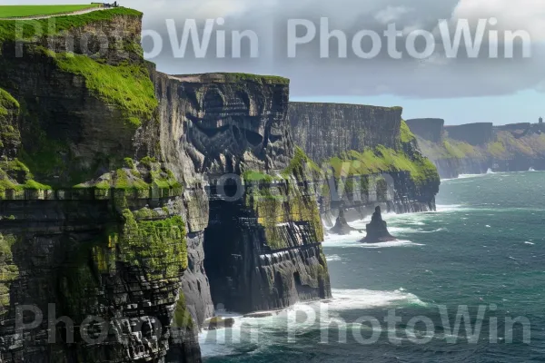 צוקים מדהימים של Irelands Cliffs of Moher. מים, ענן, צורות קרקע חופיות ואוקיאניות