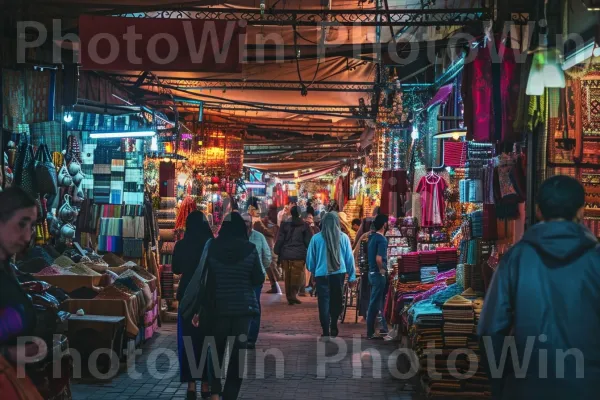 רחובות שוקקים ושווקים צבעוניים של מרקש, מרוקו. כְּחוֹל, מוכר, קניות