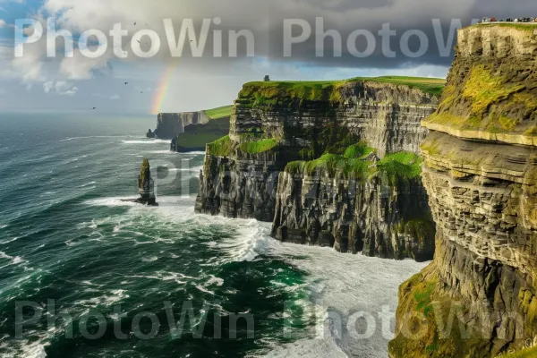 צוקים מדהימים של Irelands Cliffs of Moher. קשת בענן, ענן, נוף טבעי