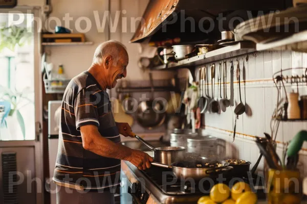 גבר בן 40 מחייך בזמן בישול ארוחה טעימה בבית. משטח עבודה, מכשיר למטבח, שֶׁף