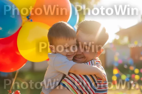 גבר בן 28 מחבק בשמחה את בנו הפעוט. תַצלוּם, שַׂמֵחַ, אוֹר שֶׁמֶשׁ