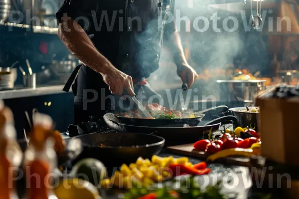 מאסטר שף יוצר ללא מאמץ תענוגות קולינריים במטבח. בישול, מזונות טבעיים, צַלַחַת