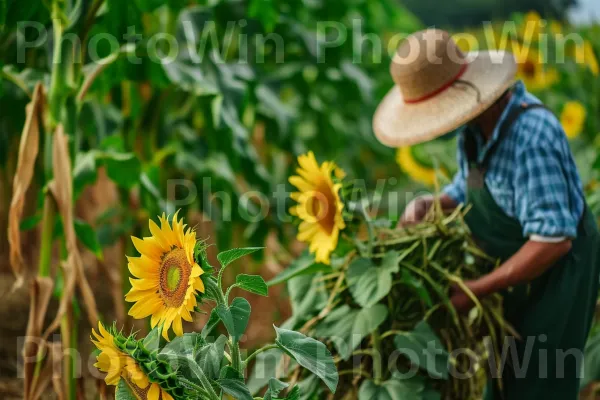 חקלאי בעל תושייה מטפל במומחיות ליבול משגשג. צמח, עָלֵי כּוֹתֶרֶת, צהוב