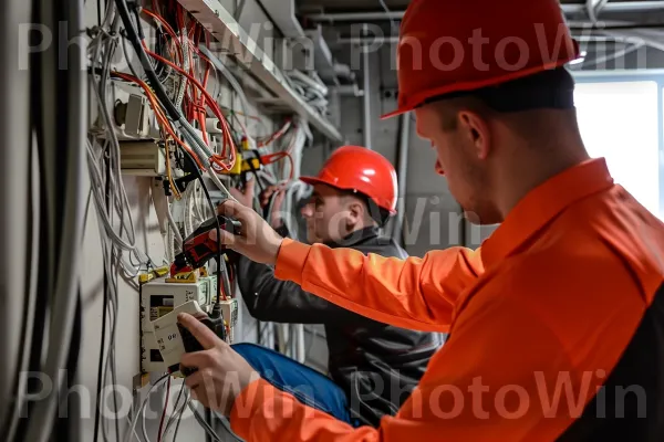 צוות חשמלאים מתקין בהצלחה חיווט מורכב. בגדי עבודה, קַסדָה, מהנדס