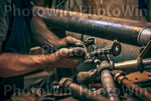 אינסטלטור ותיק בתיקון צינורות מורכבים בדיוק. עץ, צינור מעטפת פלדה, מַרְפֵּק