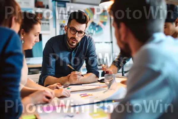 מנהל שיווק מונע המבצע קמפיין פרסום מוצלח. שולחן, משקפיים, הַנדָסָה