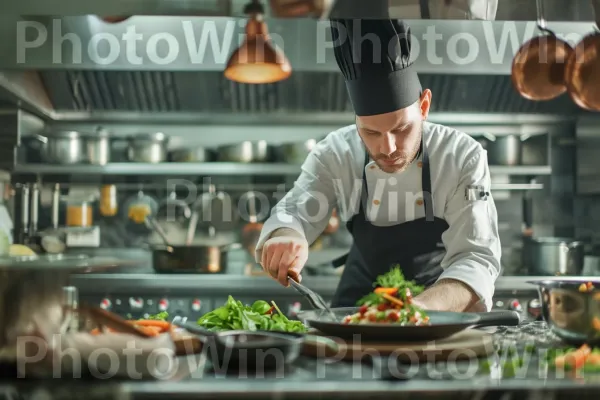 שף מקצועי מצפה ללא רבב מנת גורמה במטבח. כלי שולחן, שֶׁף, מַרכִּיב