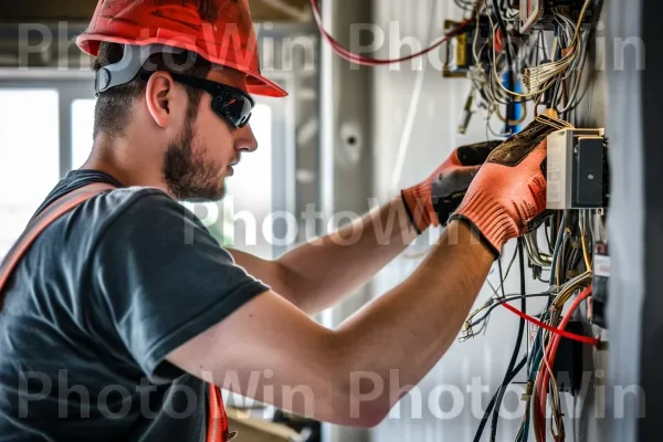 חשמלאי מיומן בהקפדה על התקנת חיווט באתר בנייה למגורים. חַשׁמַלַאי, קבלן חשמל, כובע