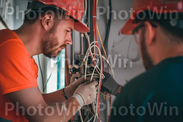 חשמלאים מנוסים בהתקנה קפדנית של חיווט בבניין. מהנדס, כיסוי ראש, כובע