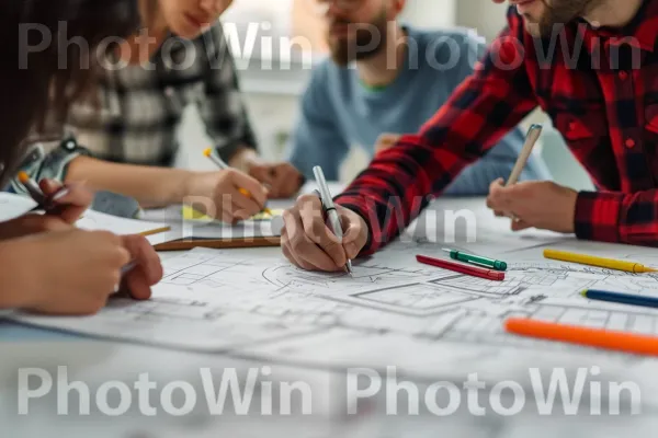 צוות אדריכלים שעוסק בסיעור מוחות ומנסח עיצובים חדשניים. יד, כְּתַב יָד, גוֹפָן