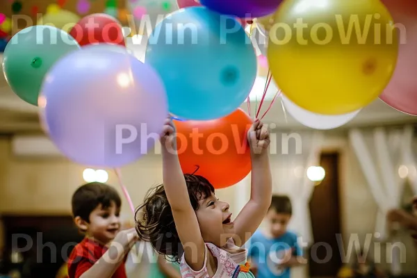 בלונים צבעוניים וילדים נרגשים במסיבת יום הולדת תוססת. תַצלוּם, לבן, עוֹלָם