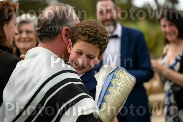 הורים גאים מחבקים את בנם ביום בר המצווה שלו. חיוך, אירוע, עובד צווארון לבן