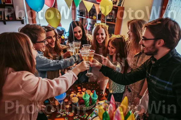 קבוצת חברים כוסית לילדת יום ההולדת עם כוסות שמפניה. אופנה, תְאוּרָה, כֵּיף