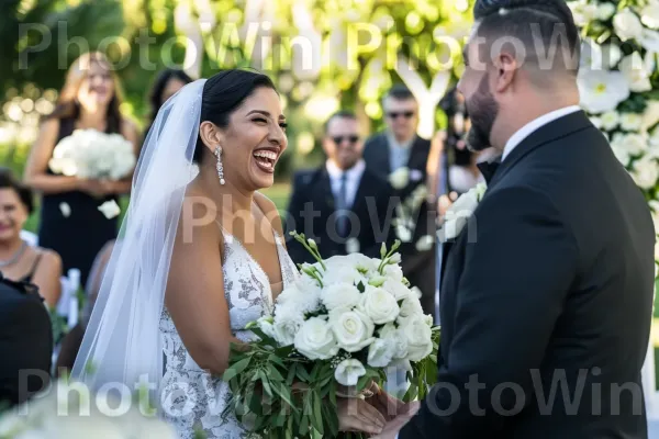 זוג משמח מחליף נדרים ביום חתונתם. שמלת חתונה, תַצלוּם, בגדי כלה