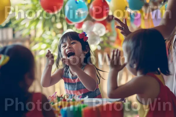 מסיבת יום הולדת שובבה מלאה בצחוק וקישוטים צבעוניים. הבעת פנים, שַׂמֵחַ, קבוצה חברתית