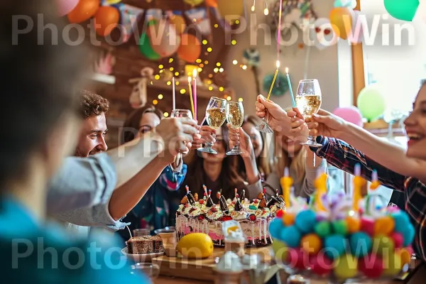 קבוצת חברים כוסית בעליזות לחגוג יום הולדת. מזון, בַּלוֹן, שַׂמֵחַ