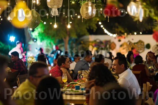 אורחים שמחים נהנים מסעודה חגיגית באירוע חגיגי. תַפאוּרָה, תְאוּרָה, כלי שולחן