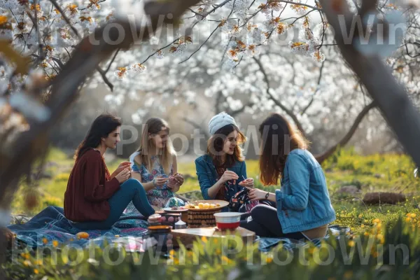 קבוצת חברים נהנית מפיקניק מתחת לעץ פריחת דובדבן פורח ממדינת ישראל. צמח, אנשים בטבע, בּוֹטָנִיקָה