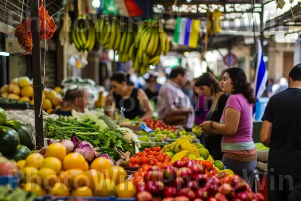 סצנת שוק תוססת, שוקקת תוצרת טרייה ושיחות ערות ממדינת ישראל. מזון, מזון מלא, יַרקָן