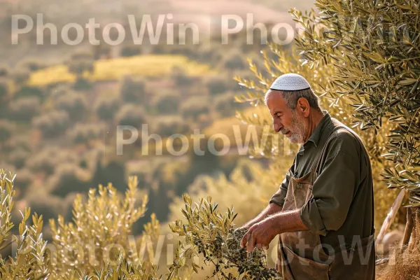 חקלאי מטפל בעצי הזית שלו באזור הגליל, ממדינת ישראל. קהילת צמחים, אזור אקולוגי, נוף טבעי