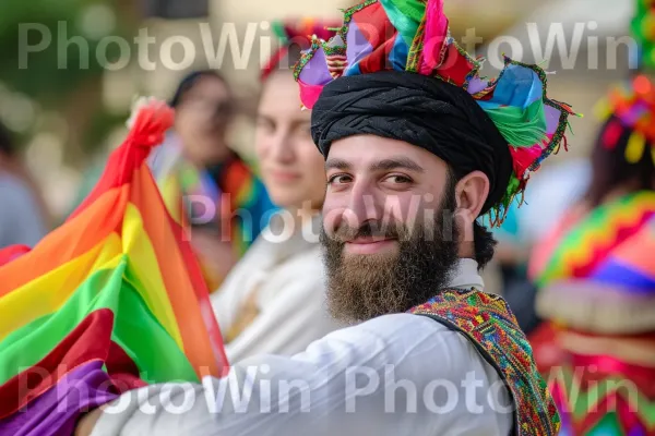 תחפושות מסורתיות תוססות במהלך חגיגת פורים חגיגית, ממדינת ישראל. לבן, ירוק, שַׂמֵחַ