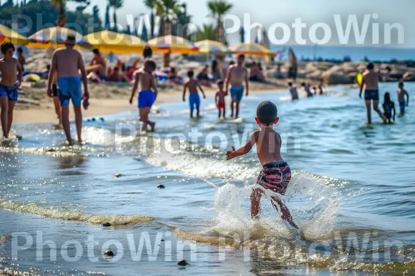 משפחות משתכשכות במים הקרירים של הים התיכון, ממדינת ישראל. אנשים על החוף, מִטְרִיָה, החוף