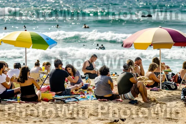 חברים נהנים מפיקניק חוף בחופי תל אביב, ממדינת ישראל. זְרוֹעַ, מִטְרִיָה, סביבה טבעית