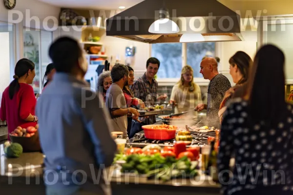 מטבח תוסס שופע תענוגות קולינריים ושיחות מכל הלב. מזון, צרכן, ז\'קֵט